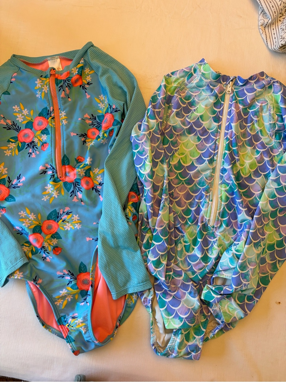Girls 10/12 Long Sleeve Swim Suit - Teal Floral & Mermaid Print bundle